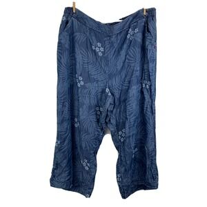 womens Plus Size Pants XXXL Blue Floral Chambray Wide Leg Cropped Pants Beach
